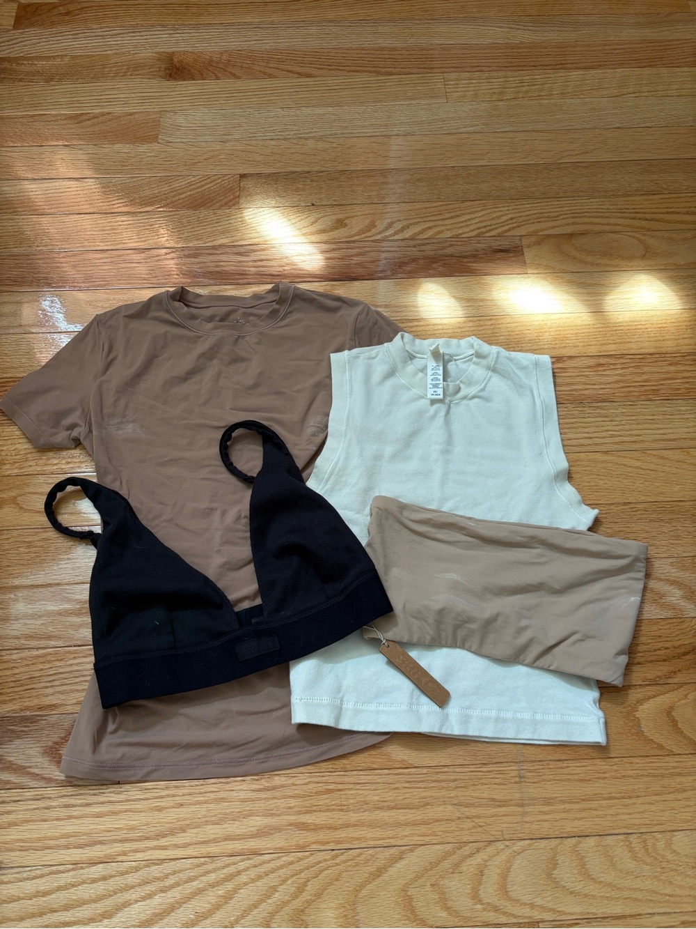 Skims Neutral Cotton Tank & Tee with Black Bralette and Taupe Bandeau